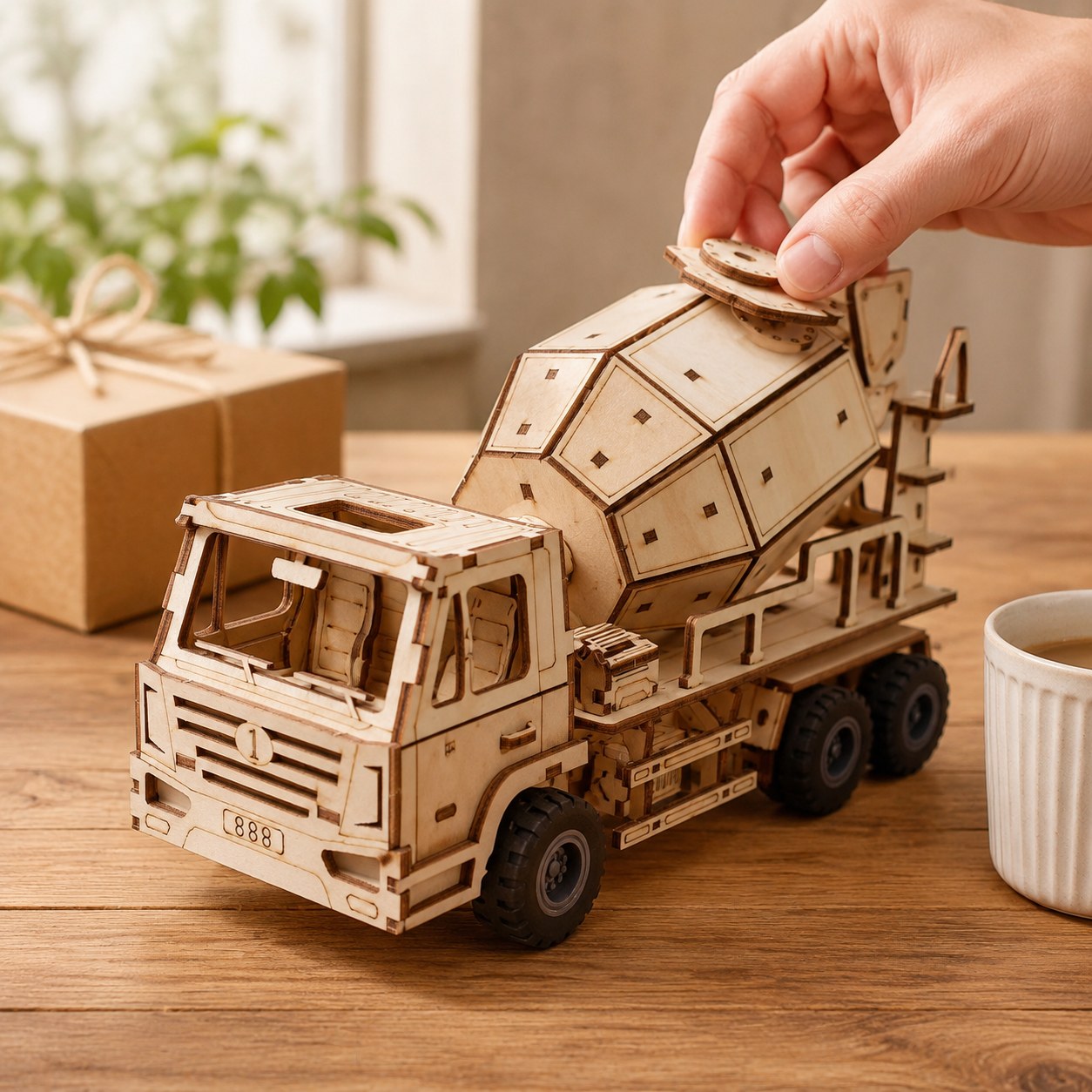 Hand adjusting the finished wooden cement mixer for scale