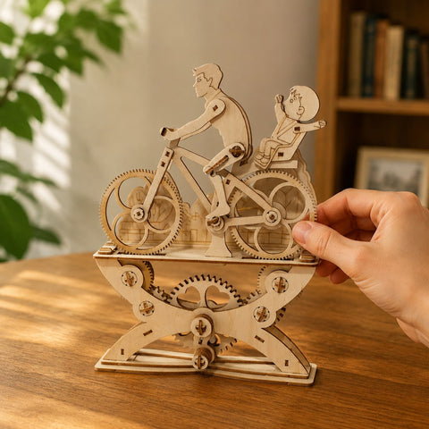 Adult hand next to the assembled wooden bicycle model for scale