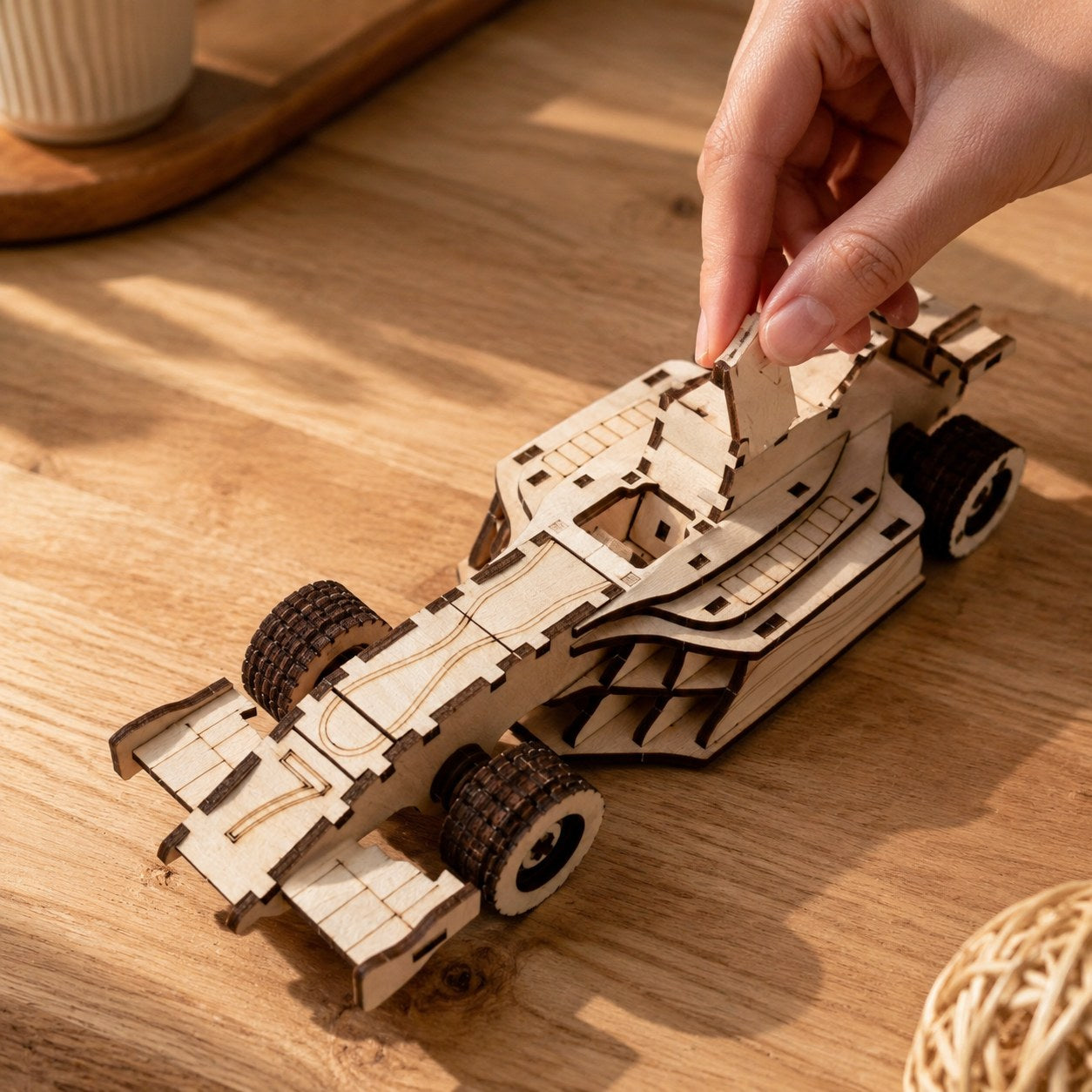 Hand adjusting a wooden race car model showing scale