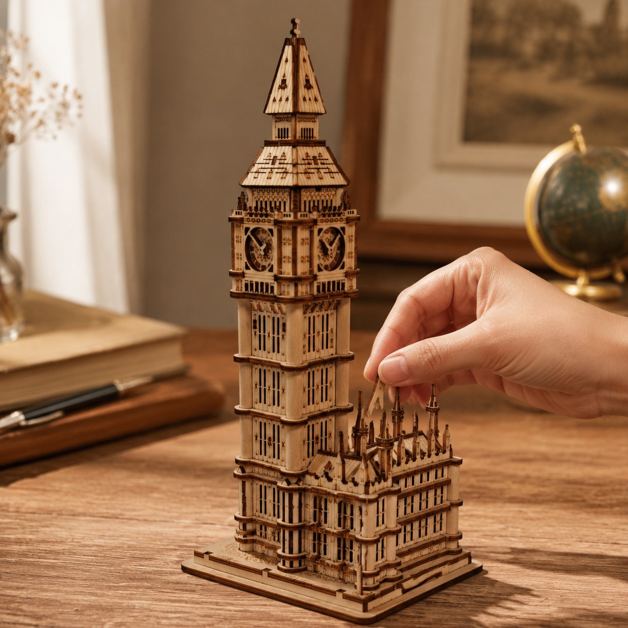 Hand next to finished Big Ben wooden model showing scale