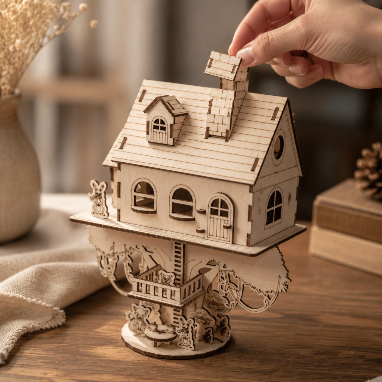 Hand adjusting the finished woodland treehouse model for scale