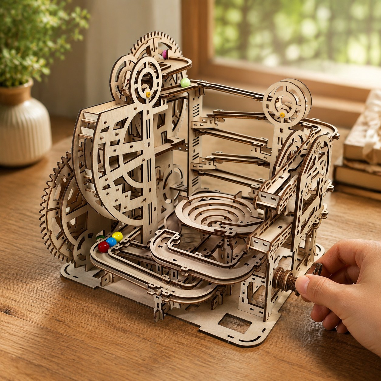 Hand turning the crank of the wooden marble run