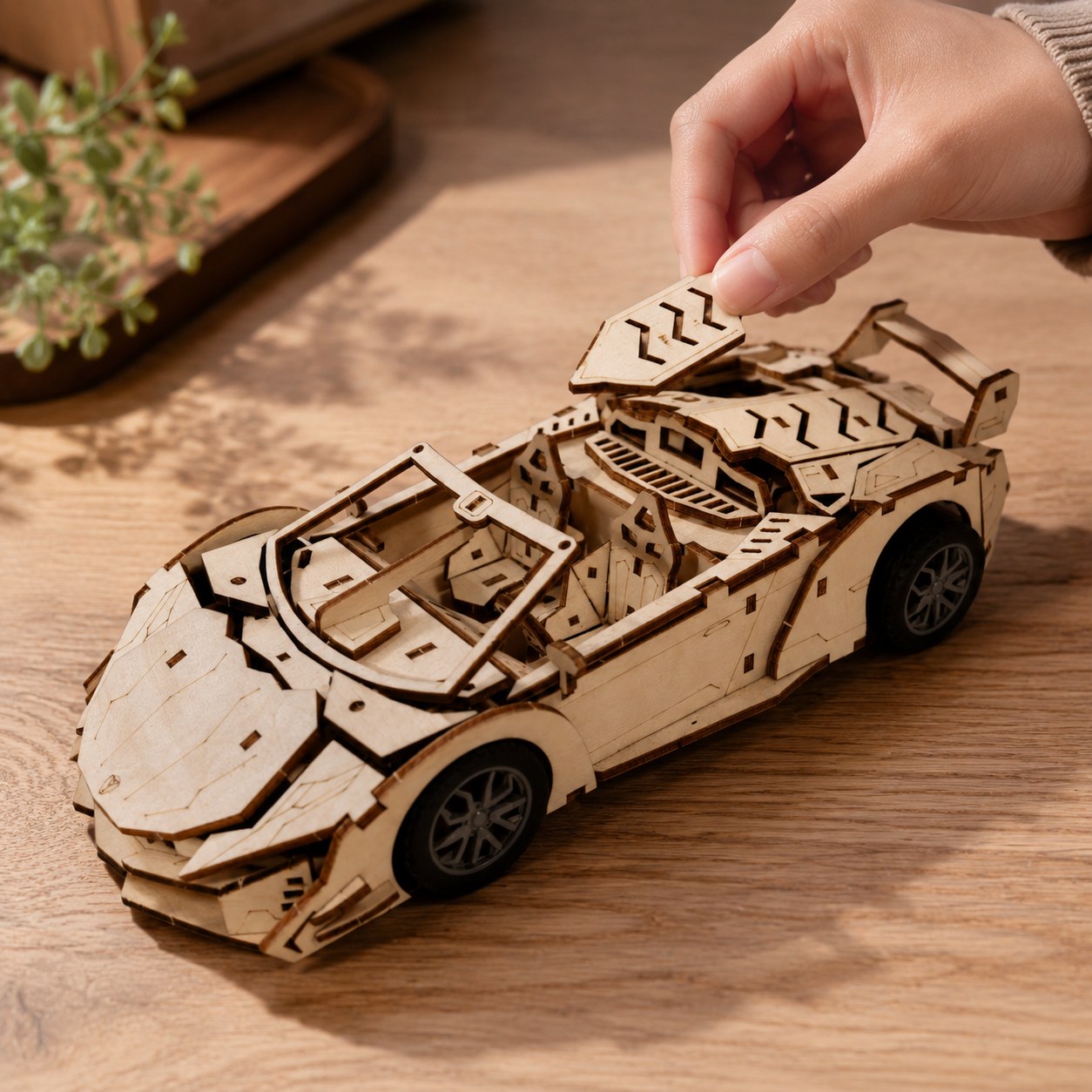 Hand adjusting the finished wooden supercar model showing actual size