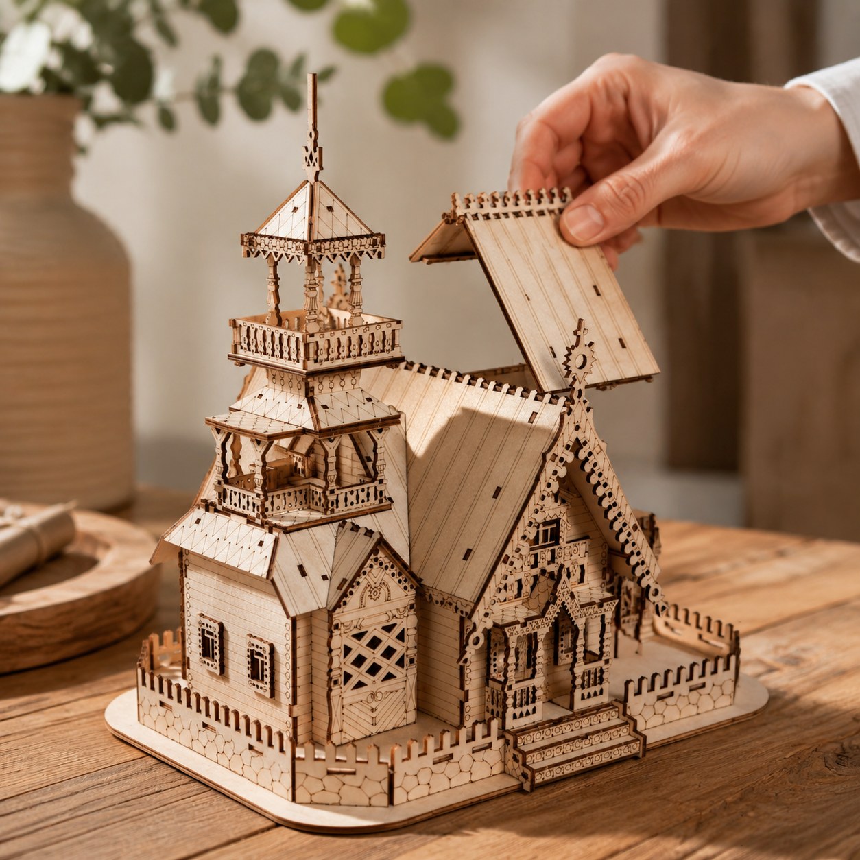 Hand placing a piece on the finished wooden manor puzzle for scale