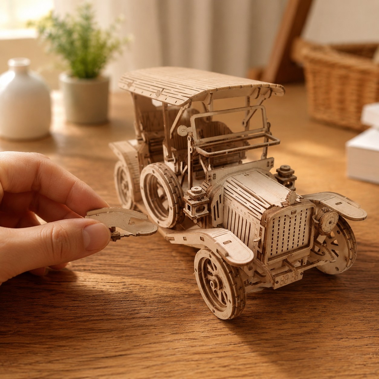 Adult hand beside the Retro Roadster Mechanical Wooden Car Kit to show scale.
