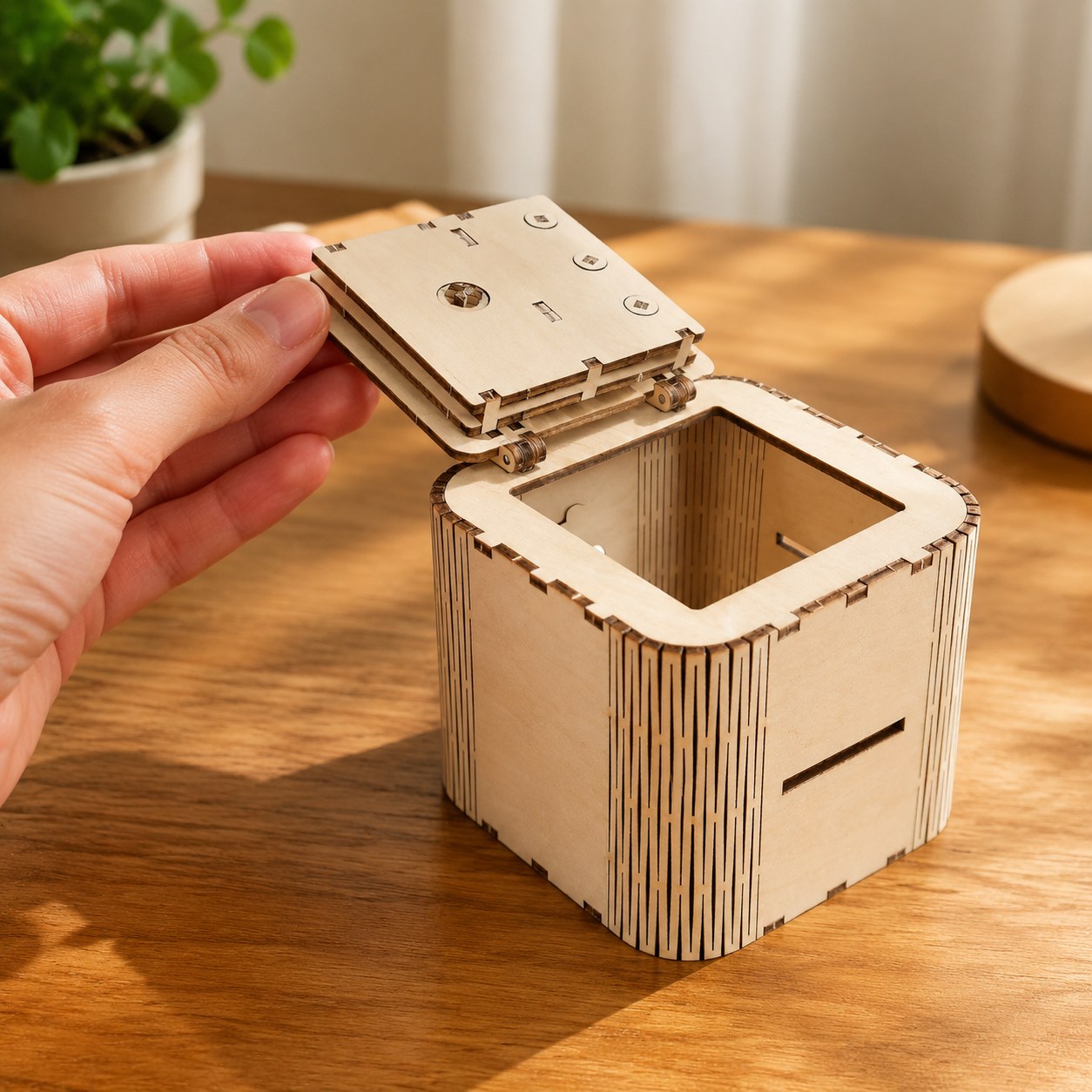 Adult hand opening the wooden combination safe showing scale