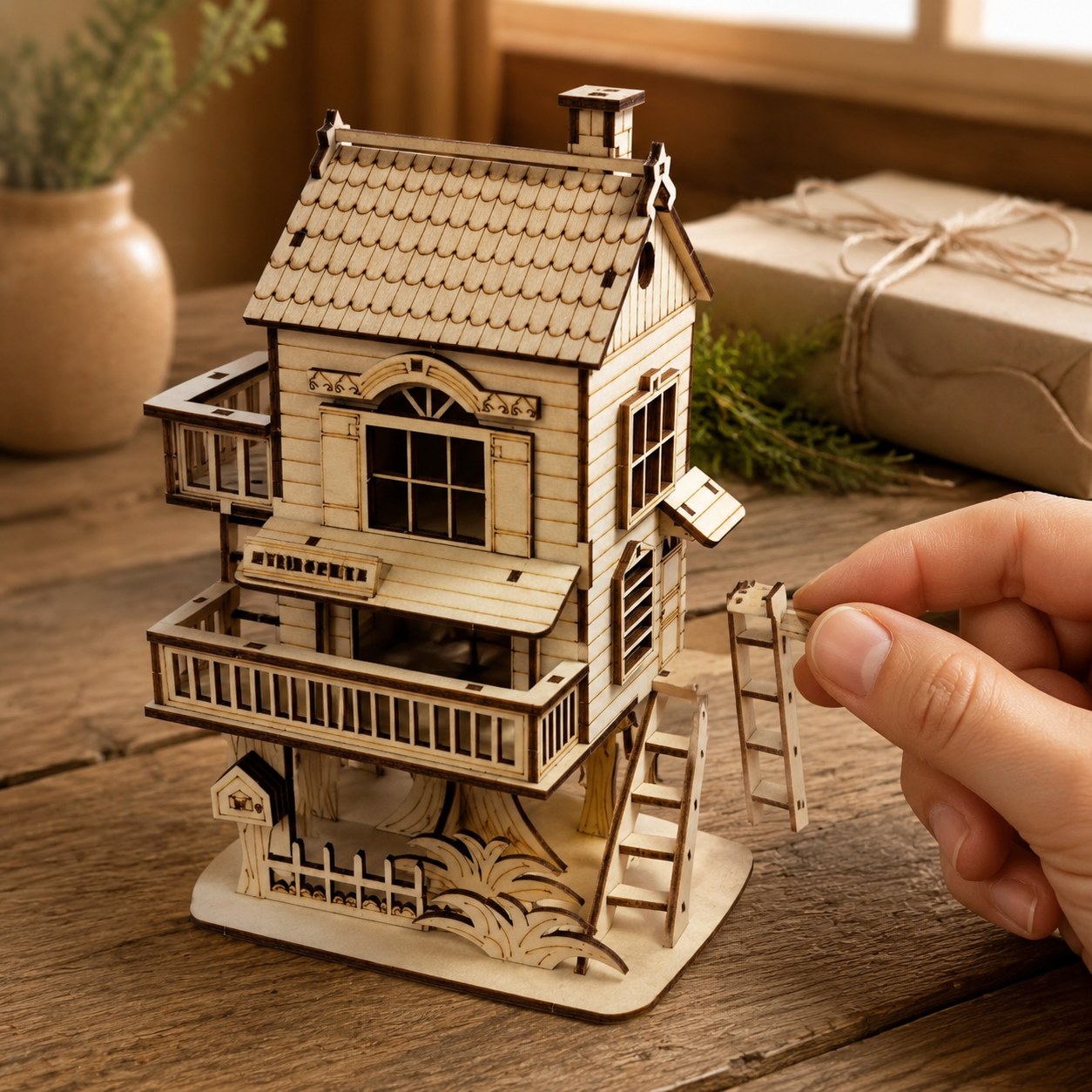 Adult hand next to the finished wooden treehouse model showing its compact scale