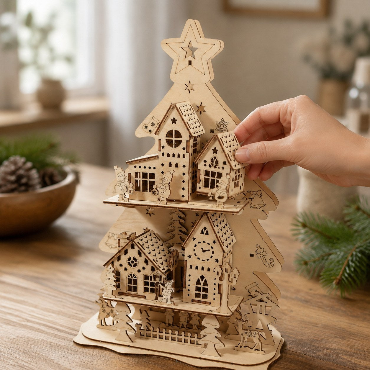 Hand placing a miniature wooden house on the Christmas tree shelf to show scale