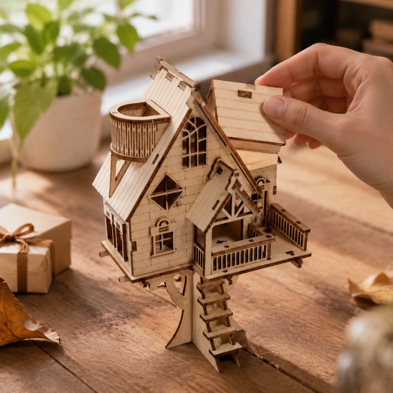 Hand adjusting the finished treehouse wooden model