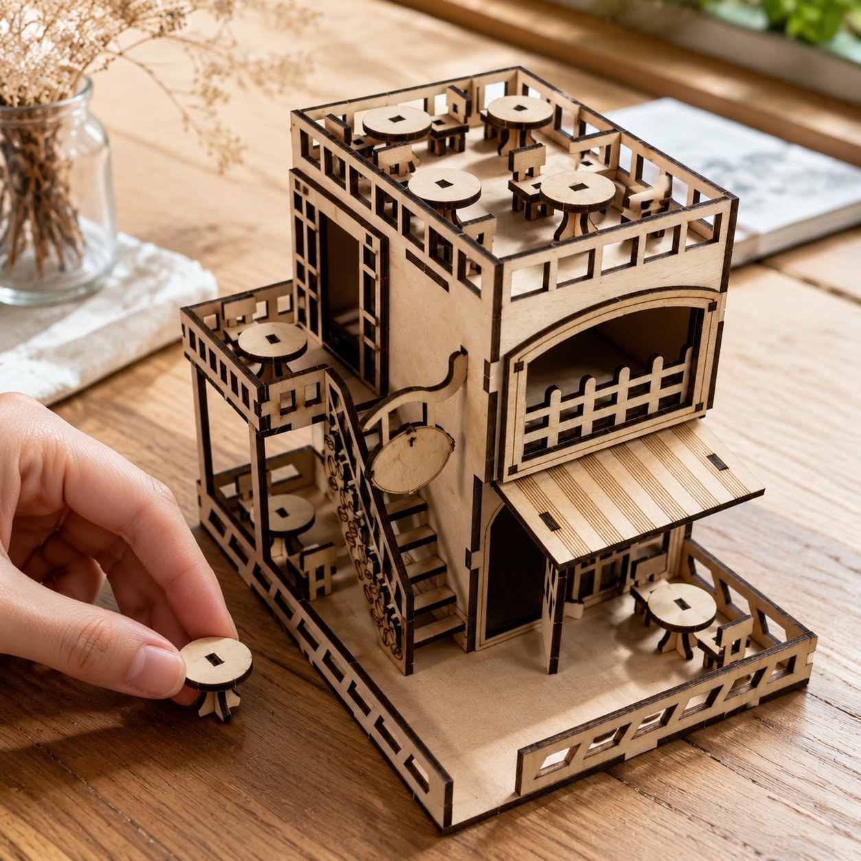 Adult hand placing miniature furniture in the wooden cafe model