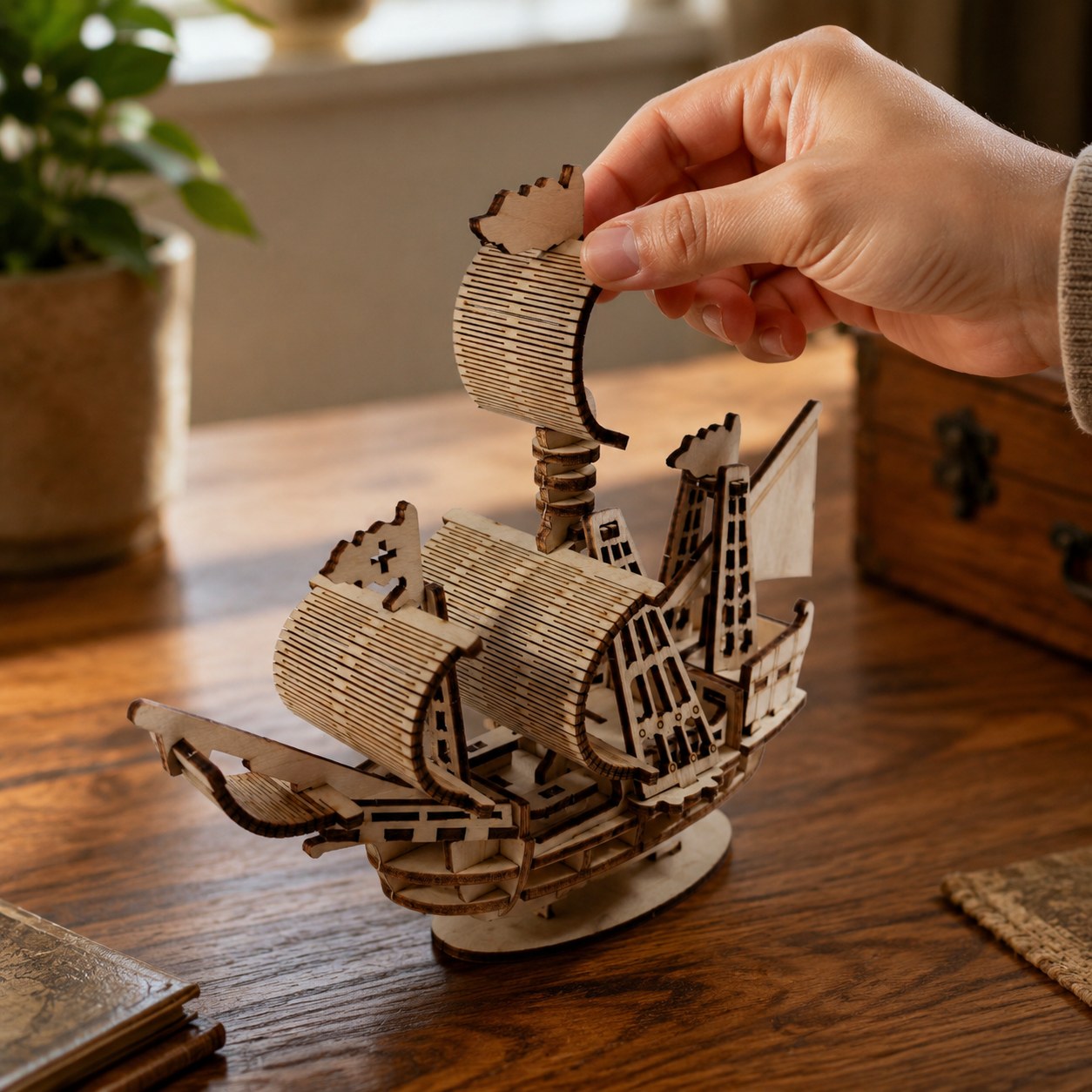 Adult hand adjusting the finished wooden ship model for scale