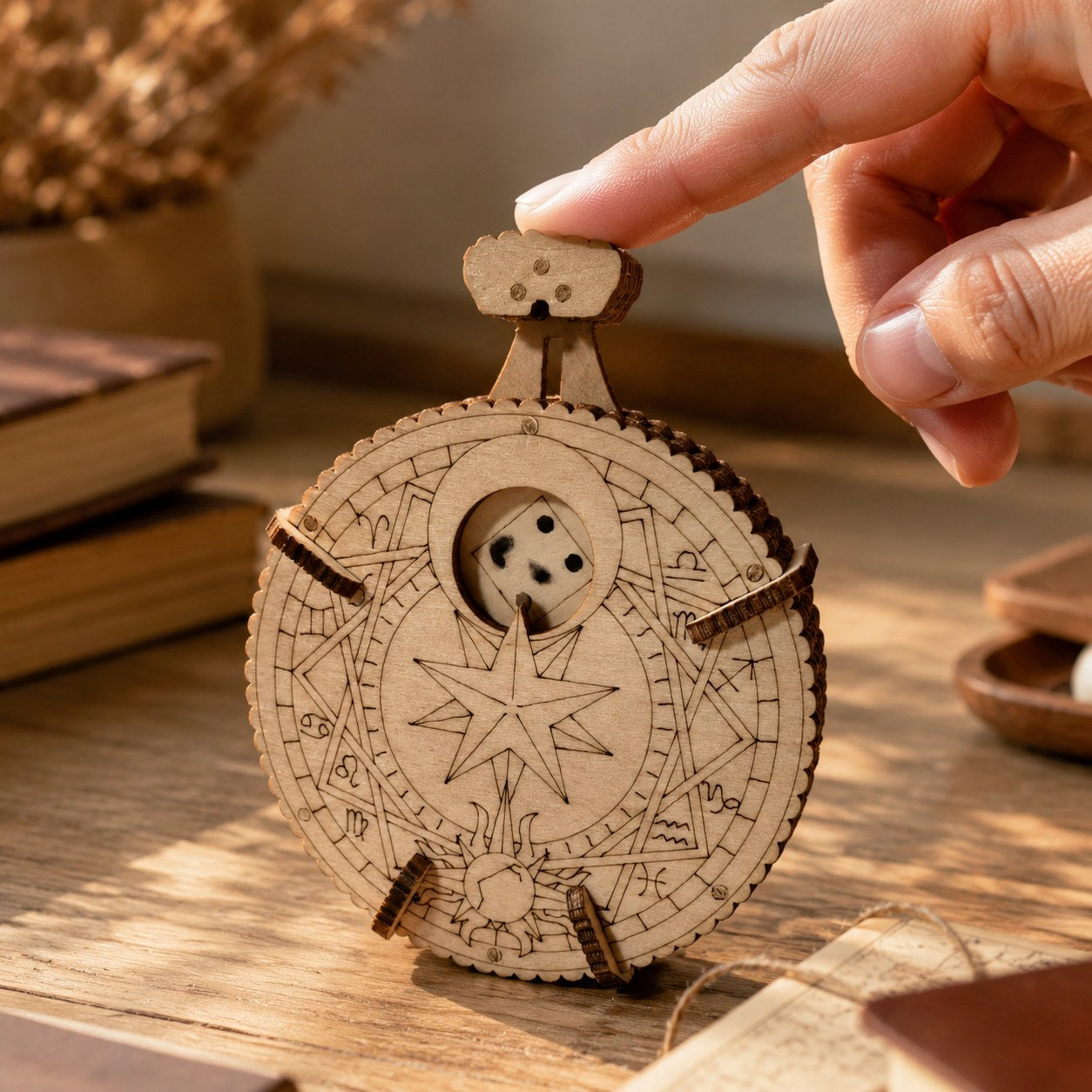 Hand pressing the plunger on the wooden dice roller to show scale