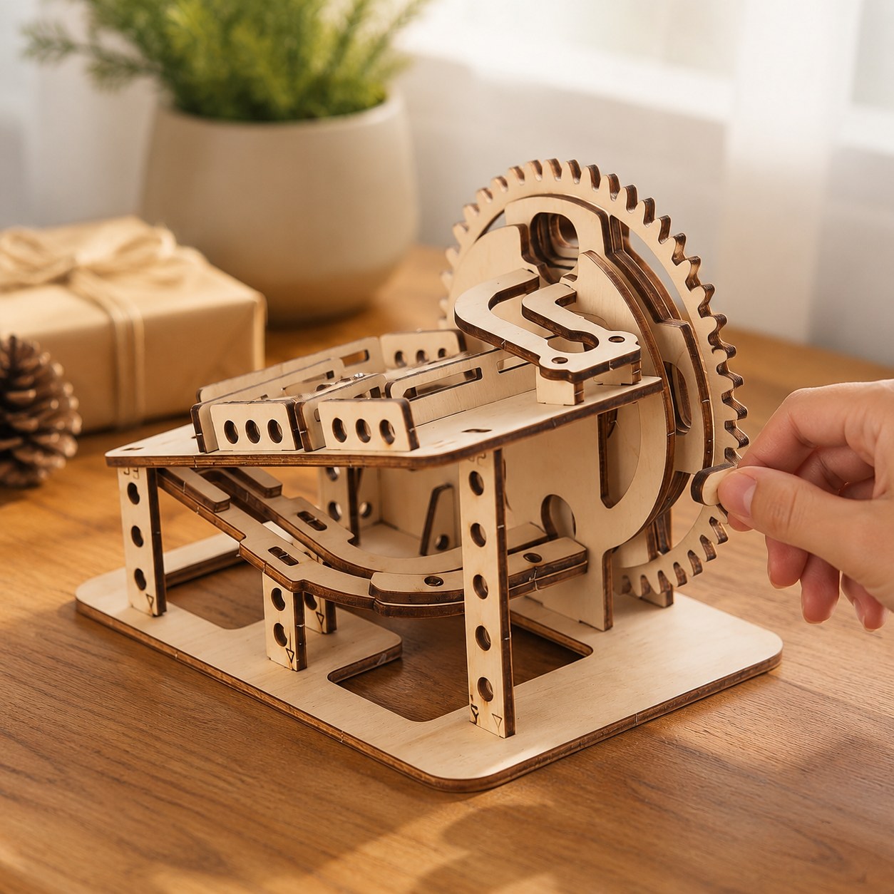 Adult hand turning the crank of the wooden marble run to show scale