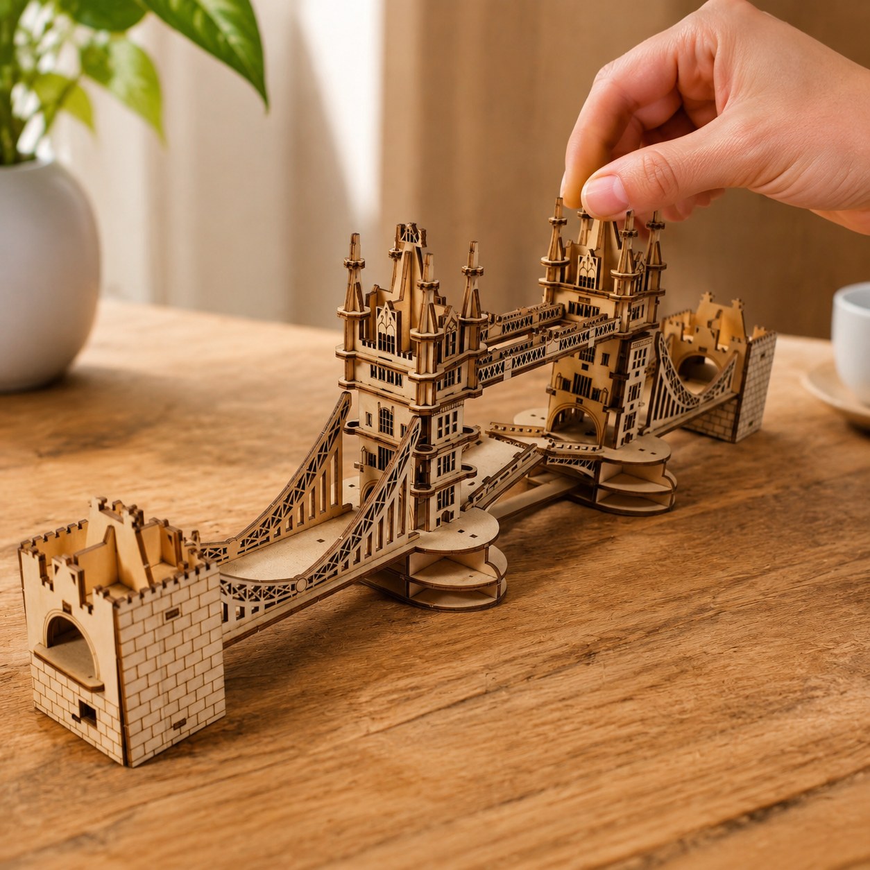 Adult hand adjusting the finished London Tower Bridge wooden model showing its scale