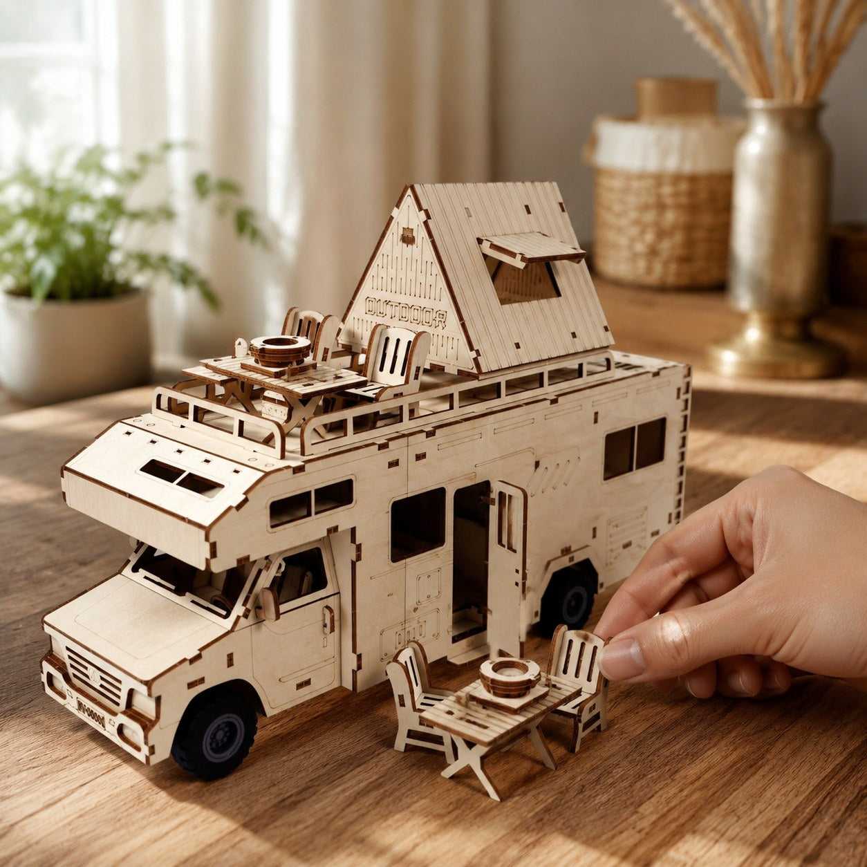 Adult hand placing miniature wooden camping furniture next to the RV model to show scale