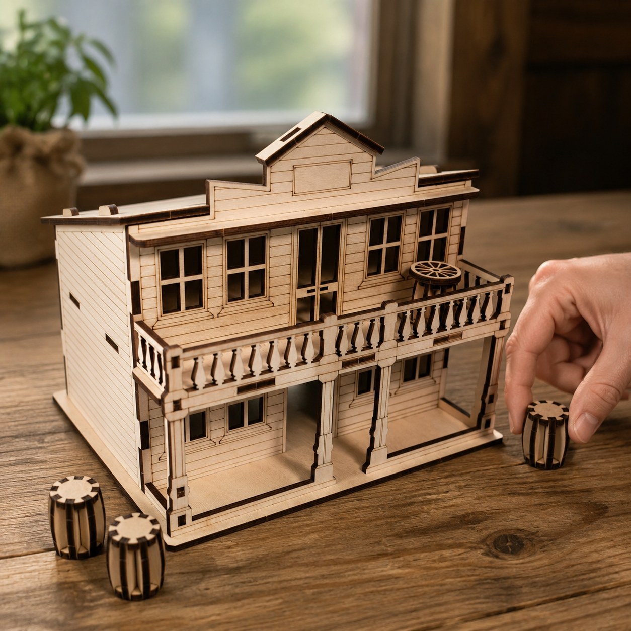 Hand placing a wooden barrel next to the finished saloon model for scale