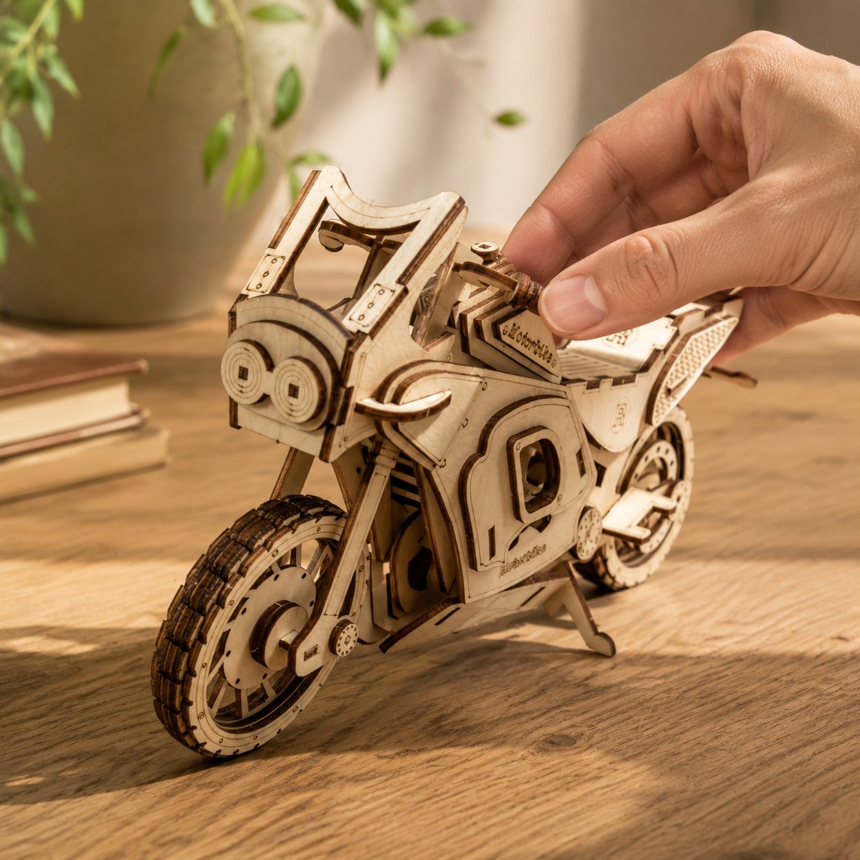 Hand adjusting the finished wooden motorbike model showing scale