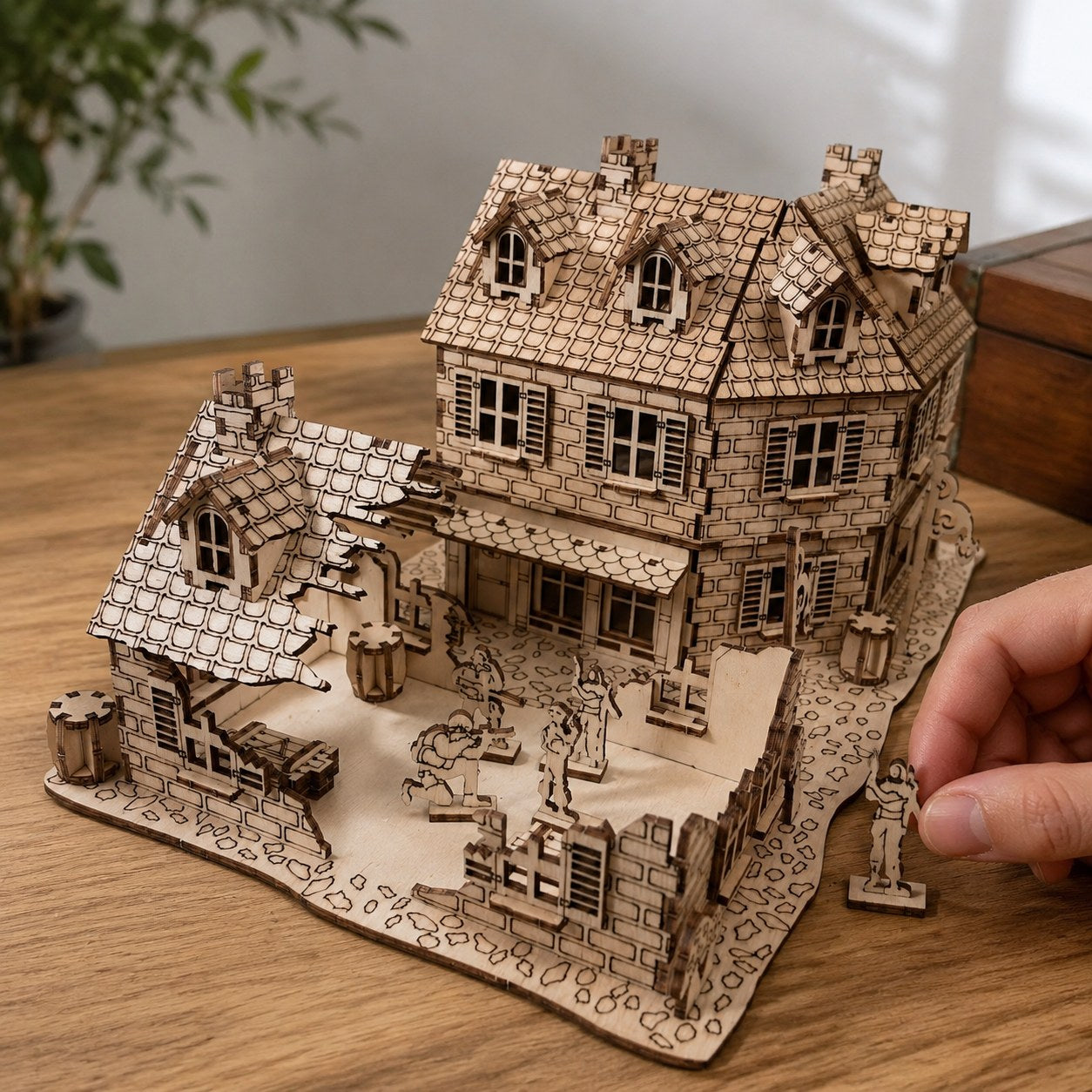 Adult hand placing a piece on the Urban Warfare Diorama for scale