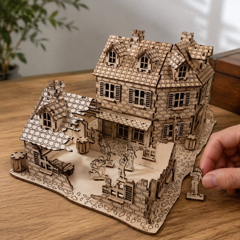 Adult hand placing a piece on the Urban Warfare Diorama for scale