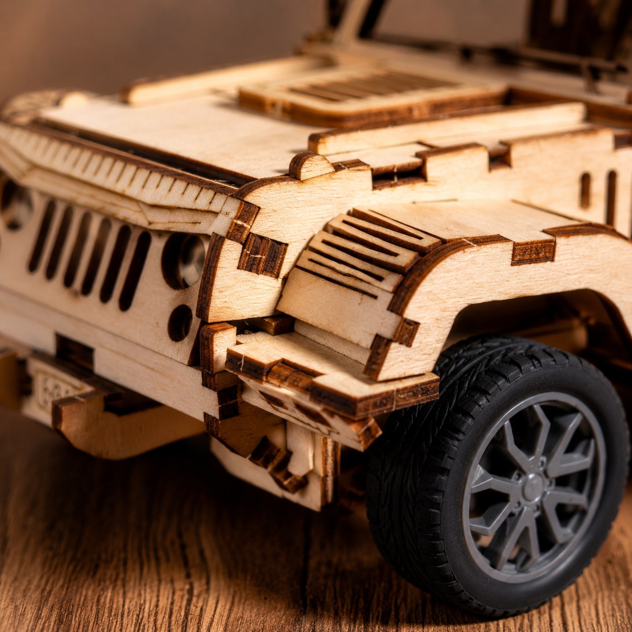 Close-up of the laser-cut wooden grille and rubber tire