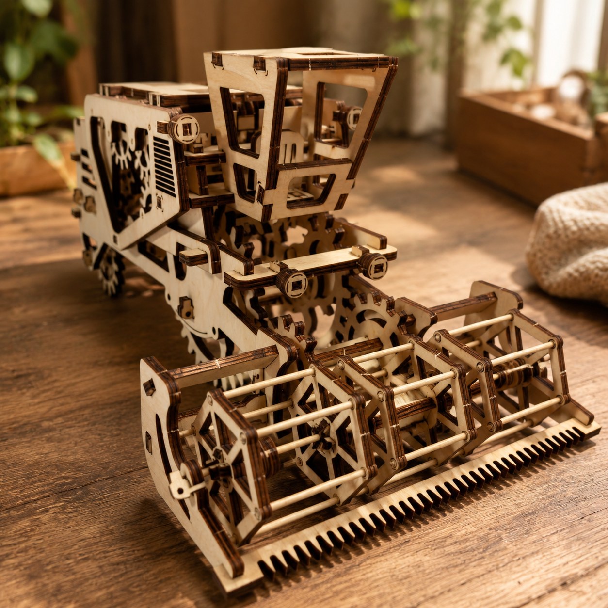 Close-up of interlocking wooden gears on the harvester model