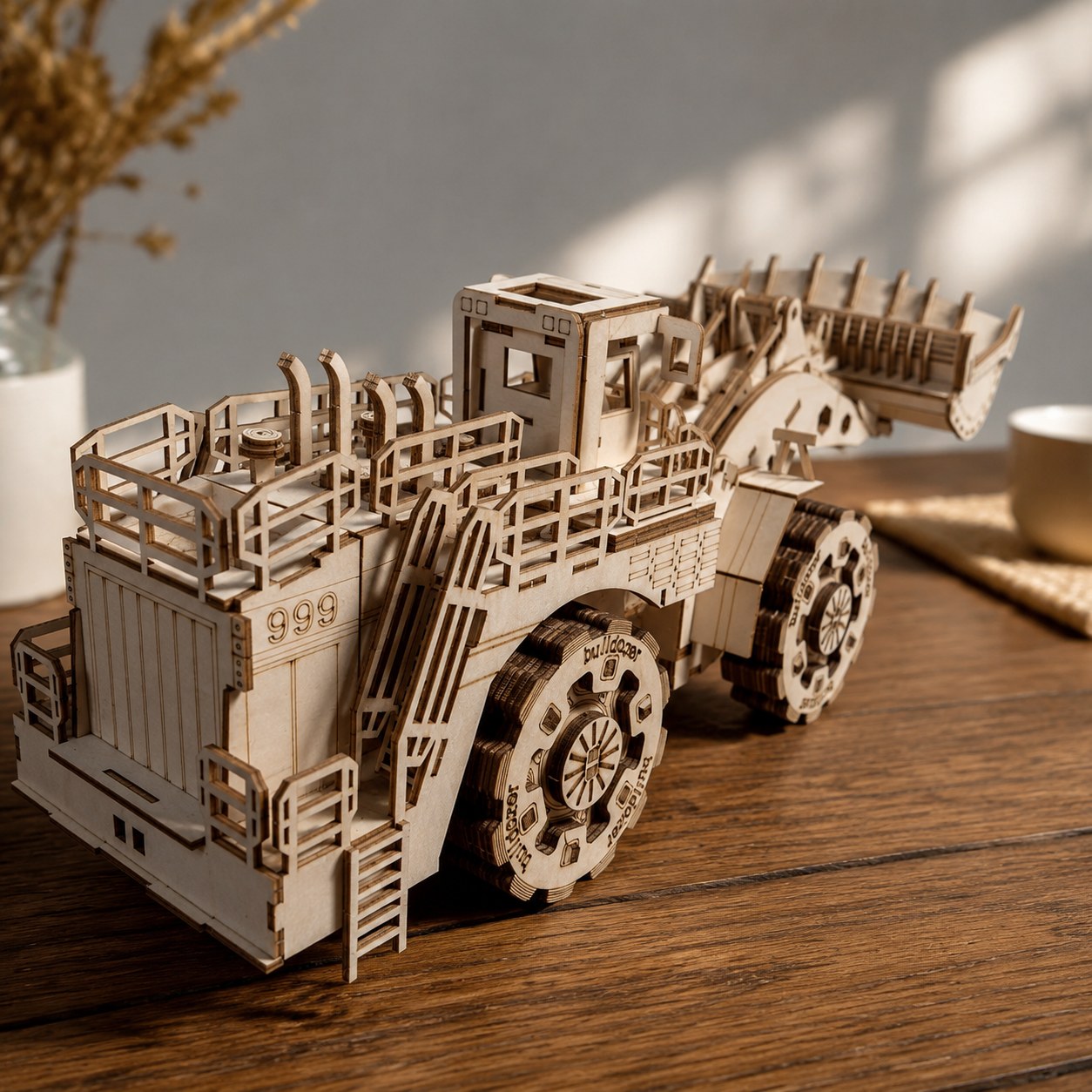 Close-up of laser-cut wooden wheels and joints