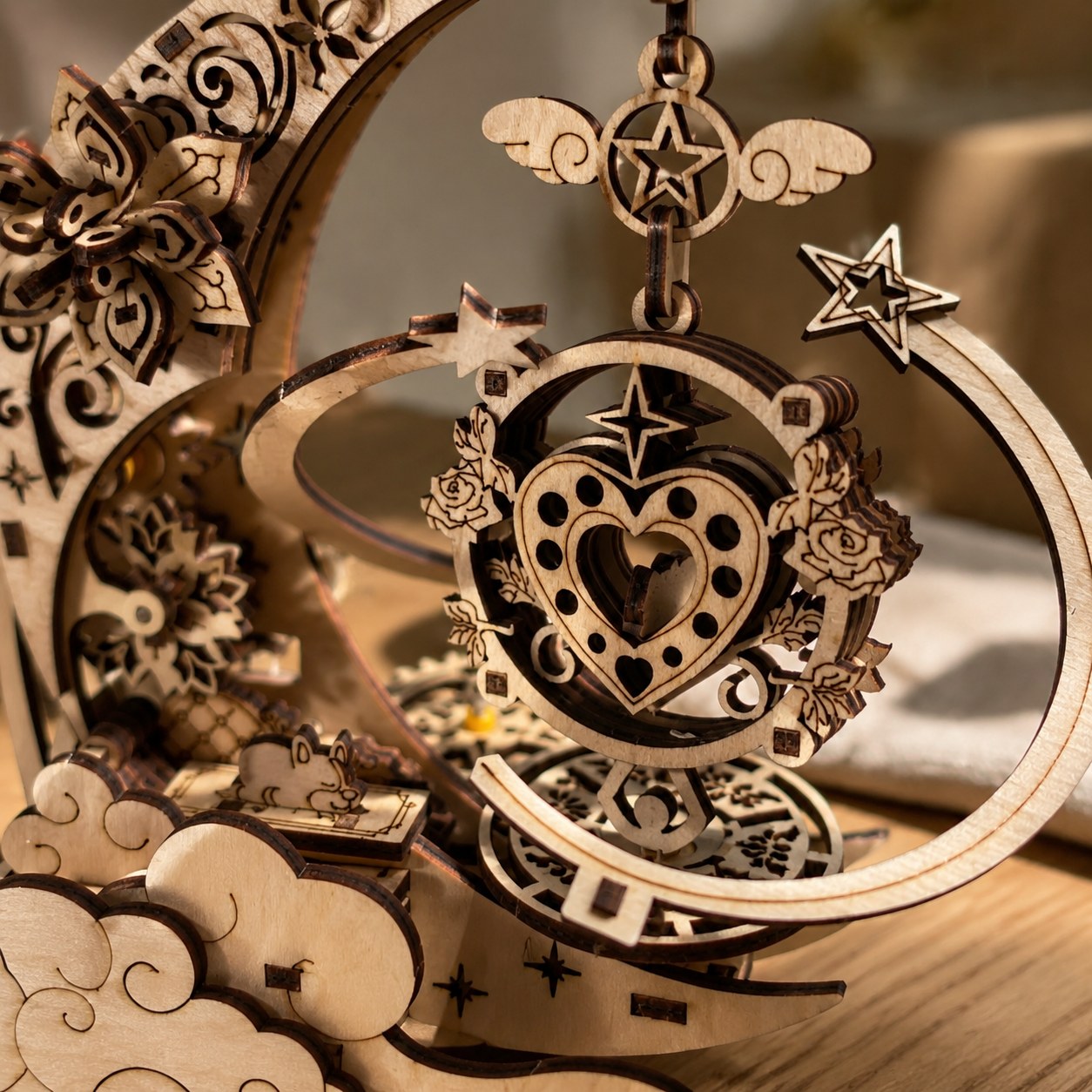 Close-up of laser-cut wood details and gears