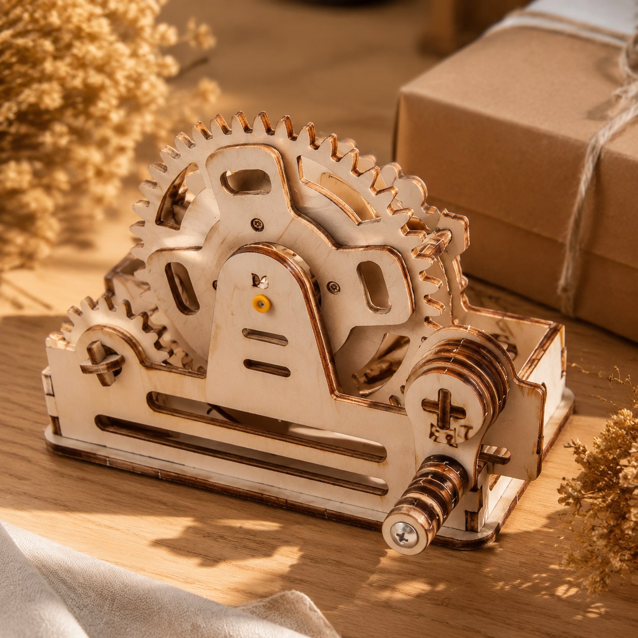 Macro detail of laser-cut wooden gears and marble