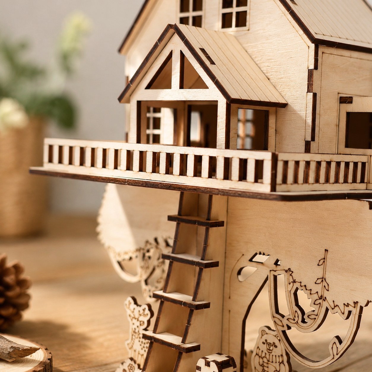 Close-up of laser-cut details on the wooden treehouse puzzle