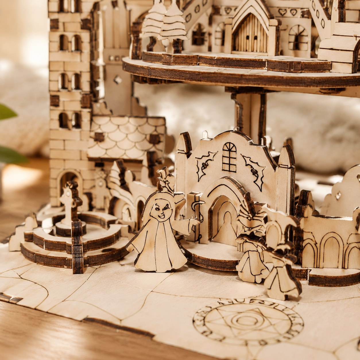 Close-up of laser-cut wood details on the Magic Castle puzzle