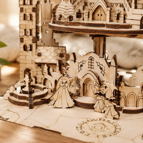 Close-up of laser-cut wood details on the Magic Castle puzzle