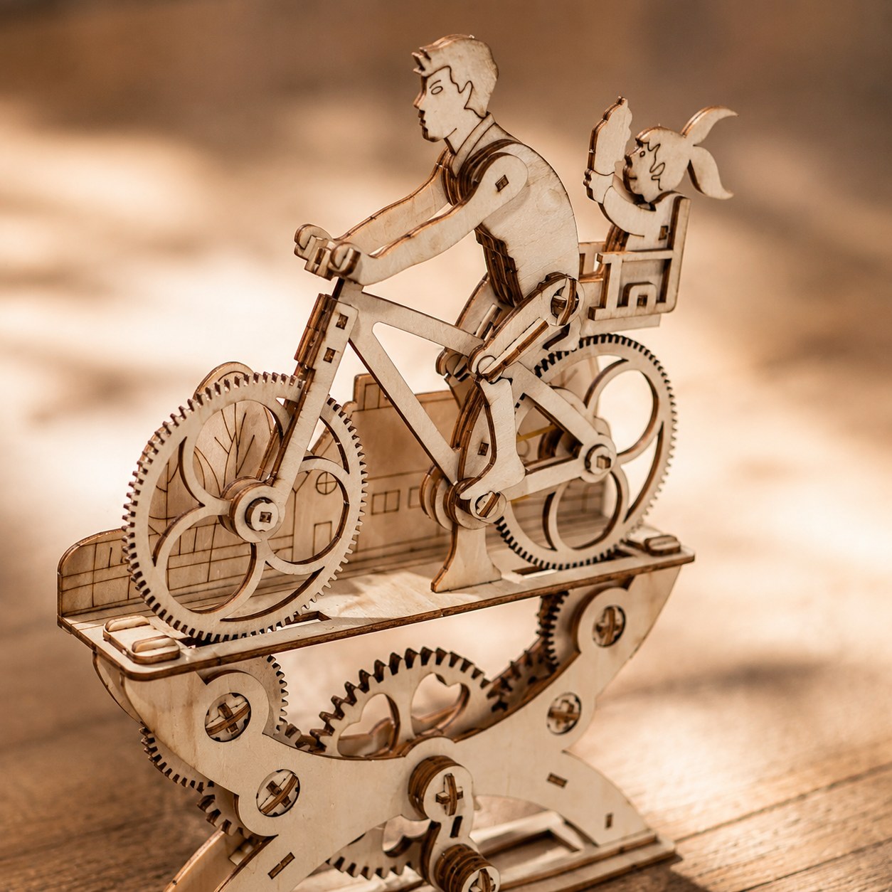 Close-up of laser-cut wooden gears and interlocking joints