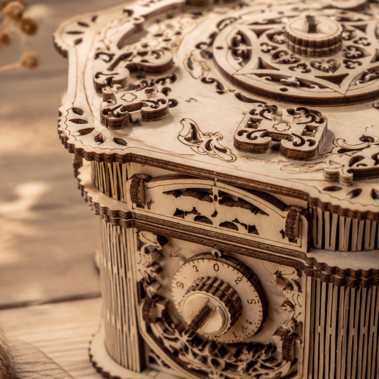 Macro close-up of the wooden combination dial and laser-cut details