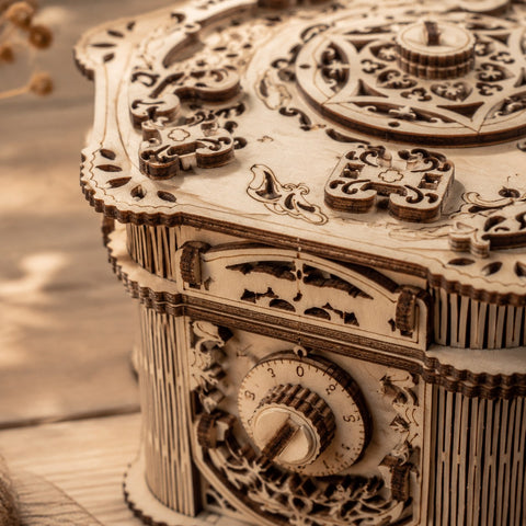 Macro close-up of the wooden combination dial and laser-cut details
