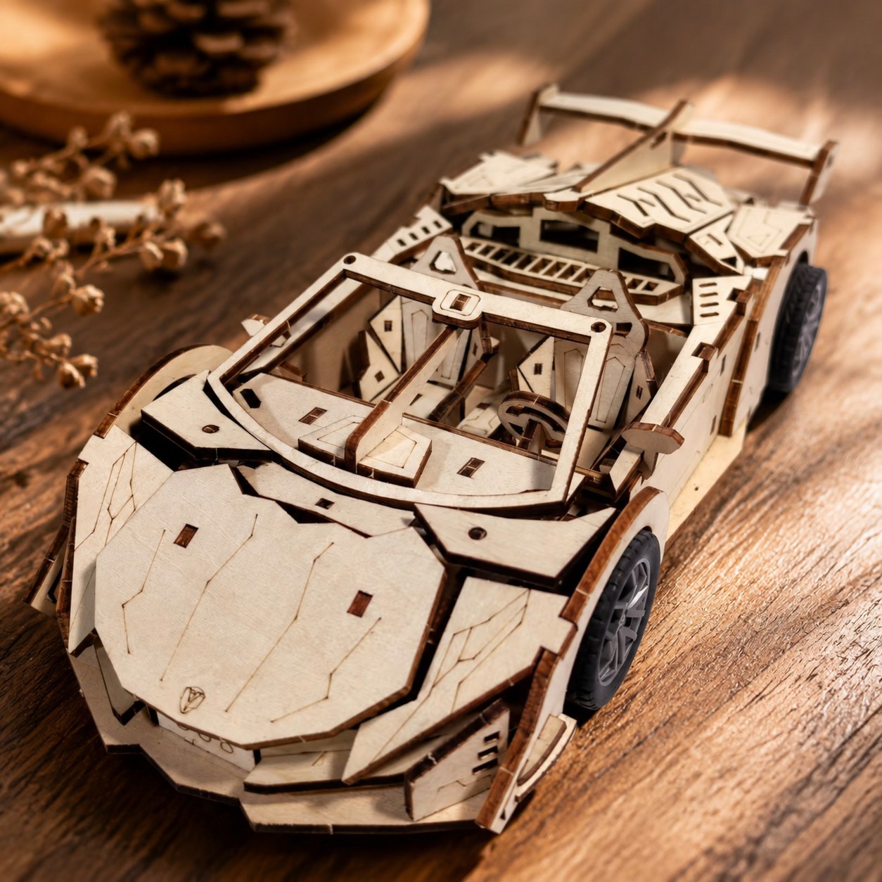 Close-up of the laser-cut wood details and interior of the supercar model