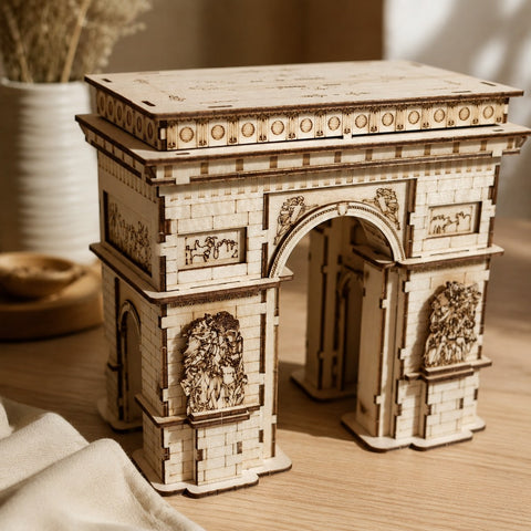 Close-up of laser-engraved details on the Arc de Triomphe wooden puzzle
