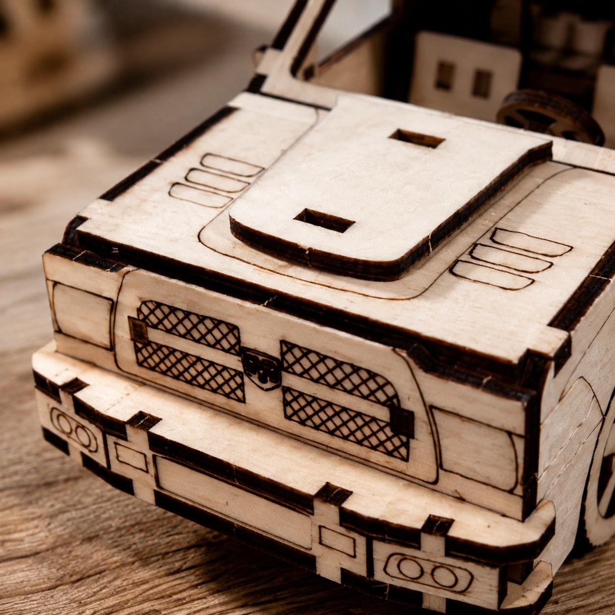 Macro close-up of the laser-cut wooden front grille on the pickup truck model
