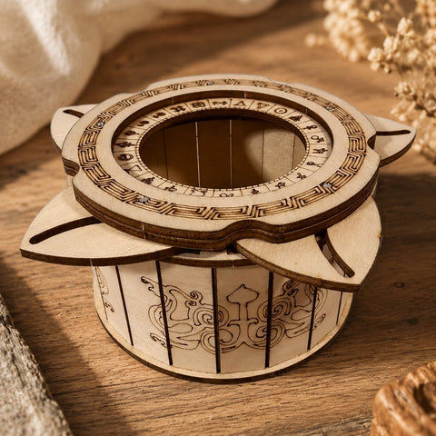 Close-up of laser-engraved details on the wooden puzzle box