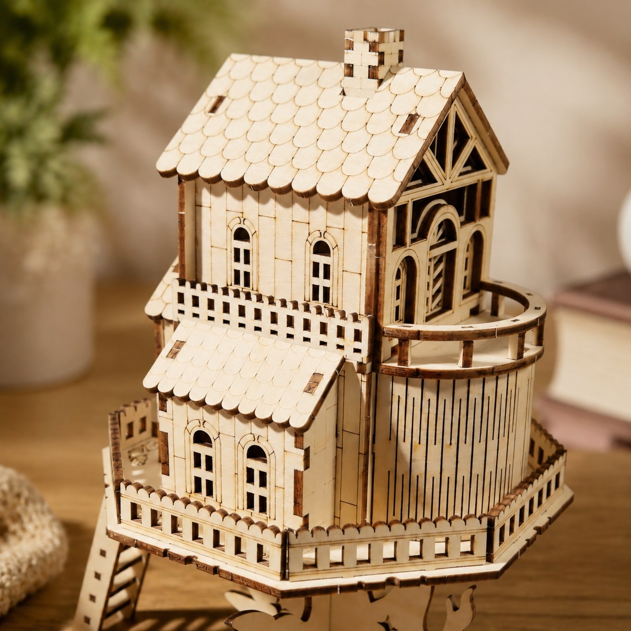 Close-up of laser-cut wood details on the treehouse roof