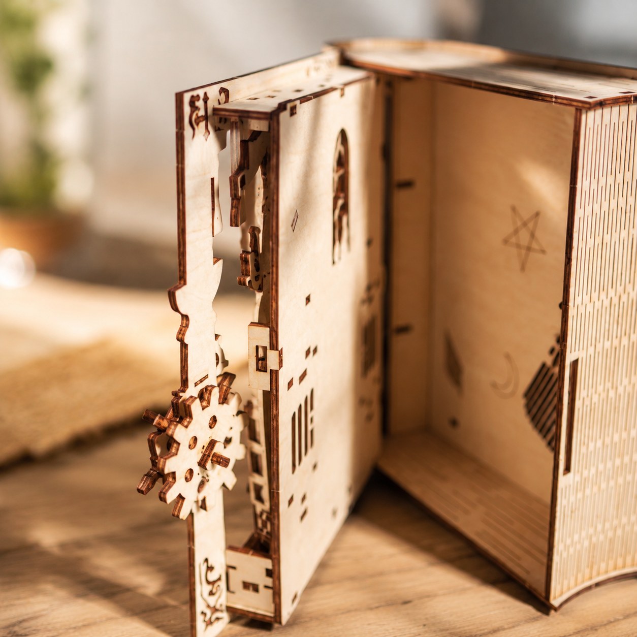 Close-up of the mechanical gear latch on the wooden puzzle