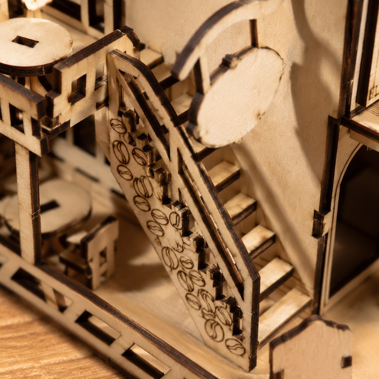 Close-up of the laser-cut coffee bean staircase details