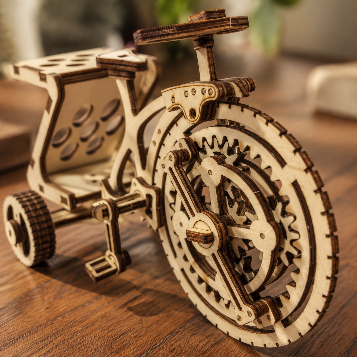 Macro close-up of interlocking wooden gears on the tricycle puzzle