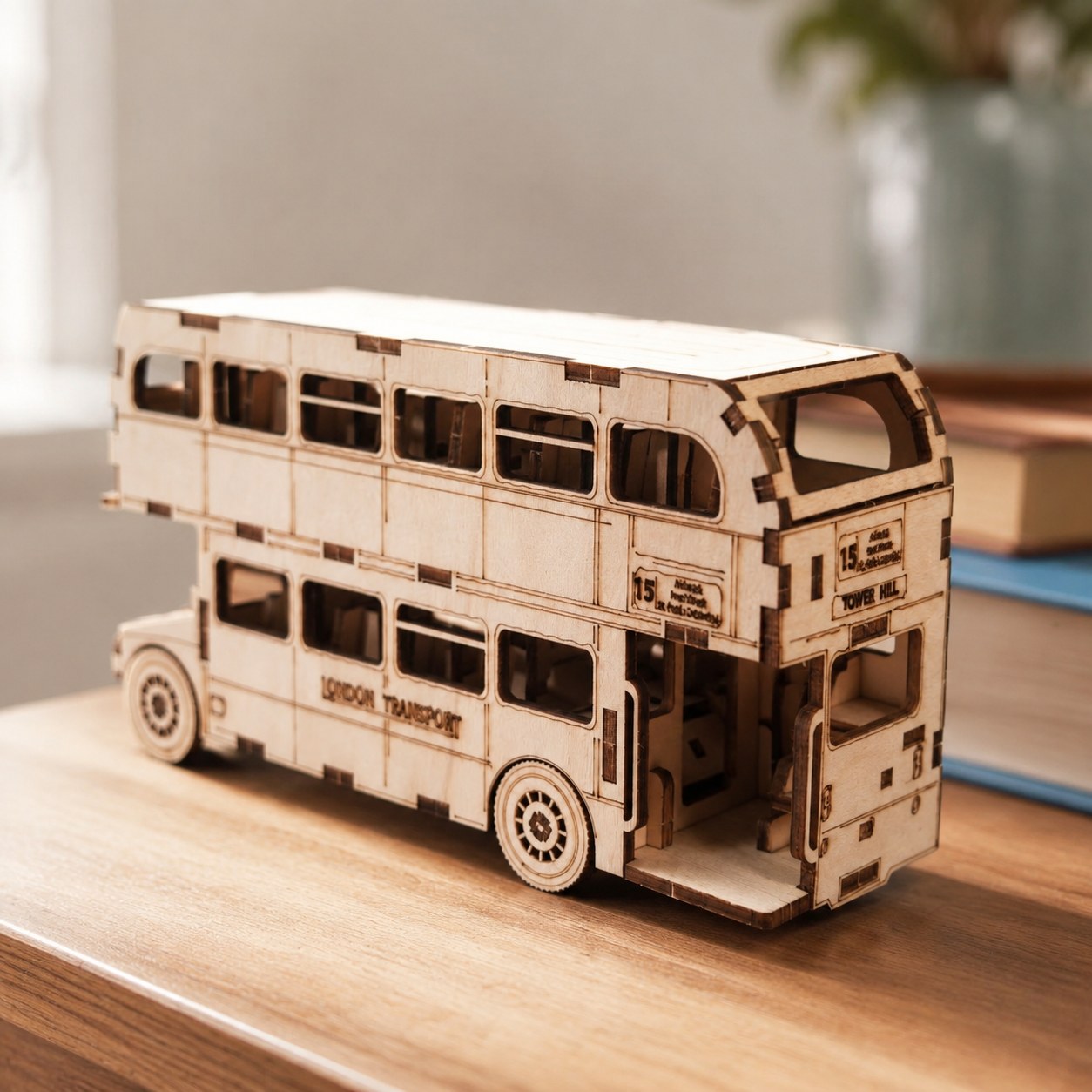 Close-up of engraved details on the wooden bus model