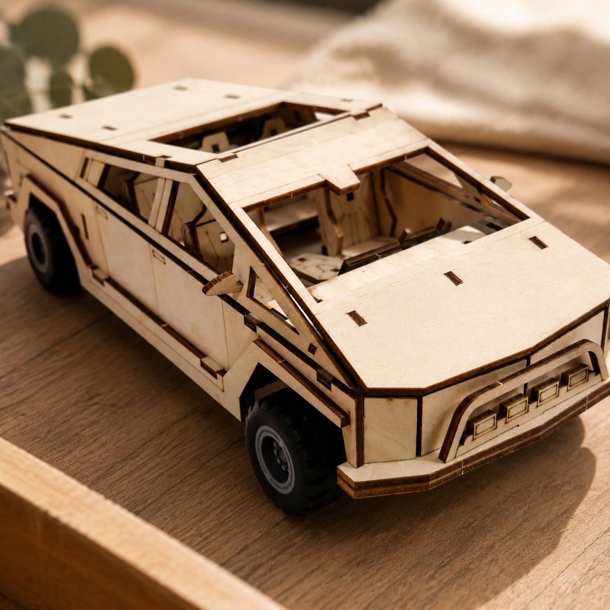 Macro close-up of laser-cut details on the wooden pickup truck model