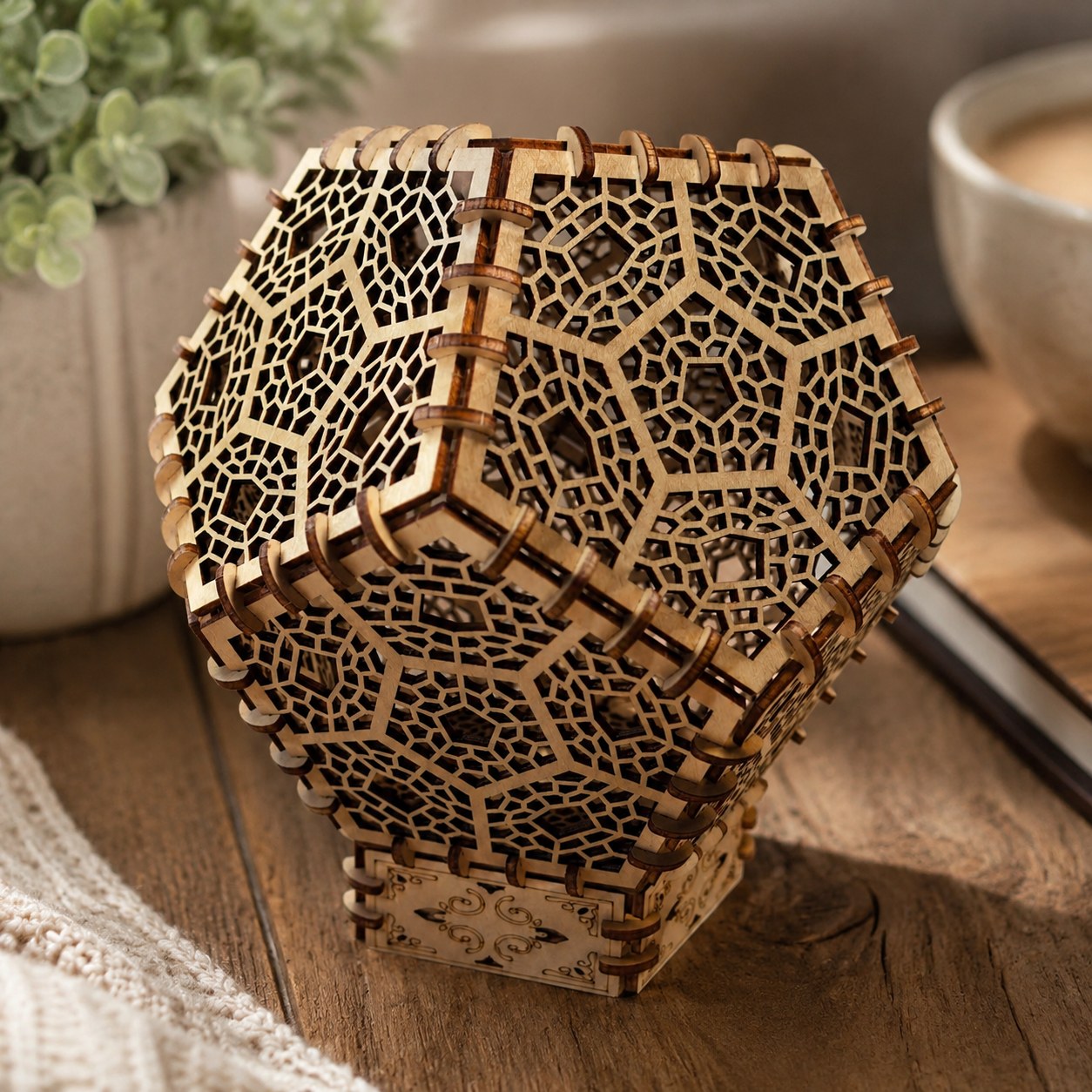 Close-up of laser-cut wood details on the lantern puzzle