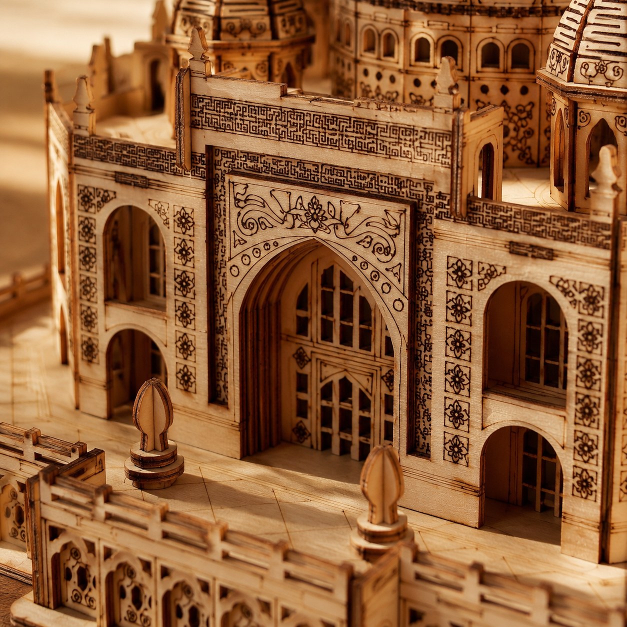 Macro close-up showing the precision laser-engraved floral motifs and archways of the wooden Taj Mahal