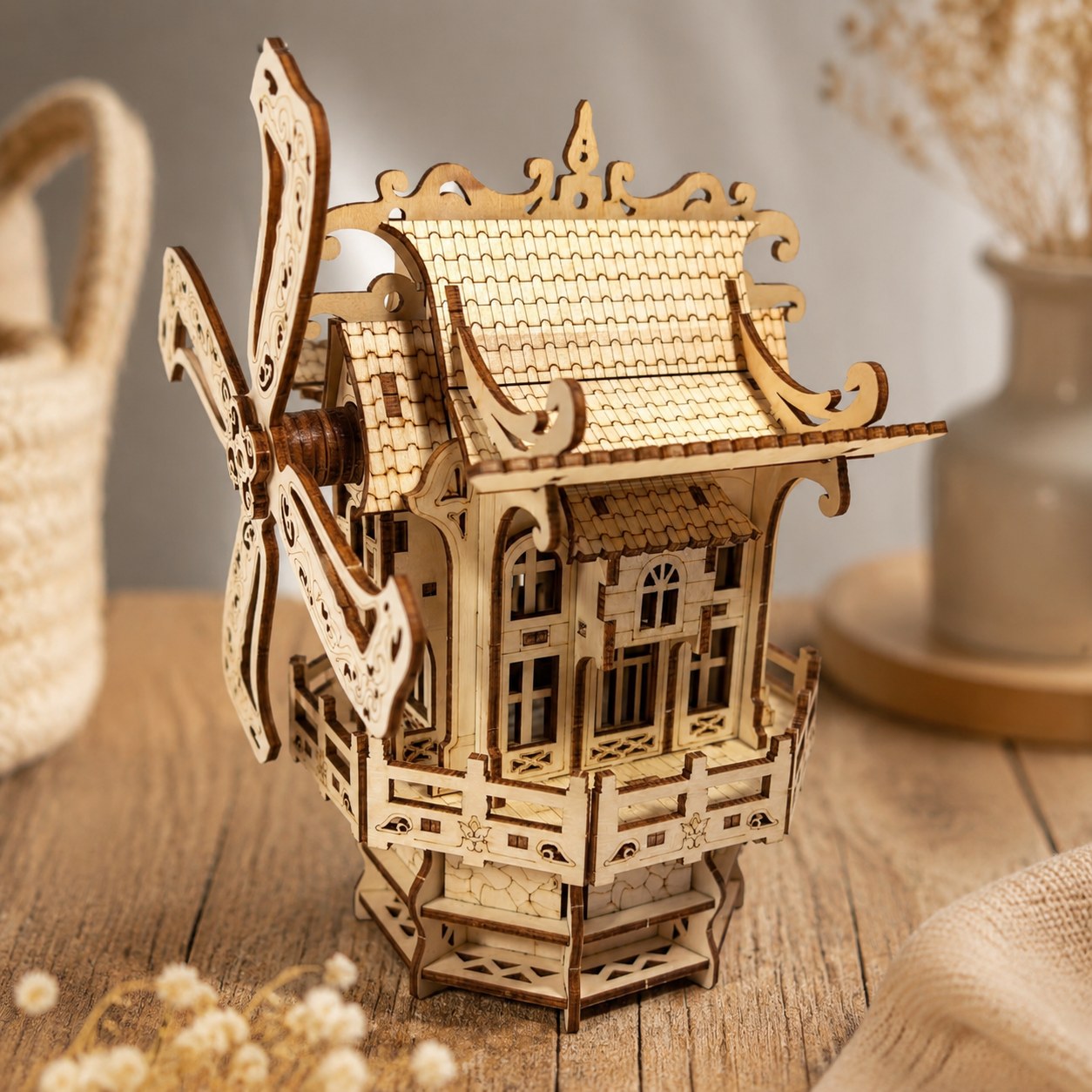 Close-up of laser-cut wood details on the windmill puzzle