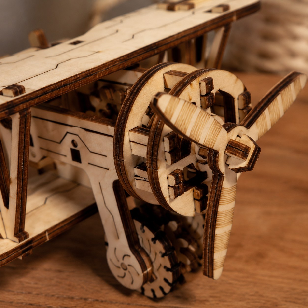 Macro close-up of the laser-cut wooden propeller and engine details