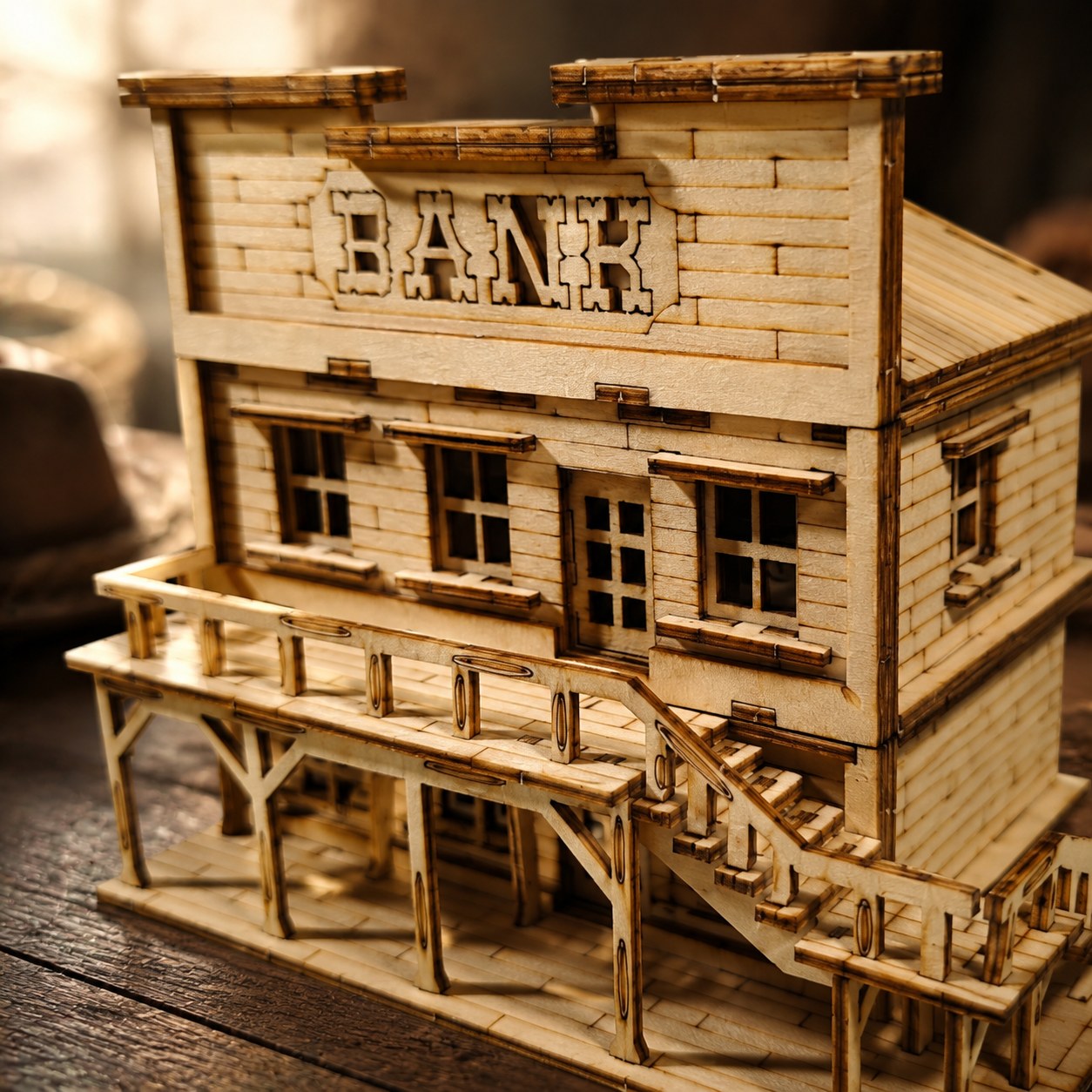 Close-up of engraved BANK sign on wooden puzzle