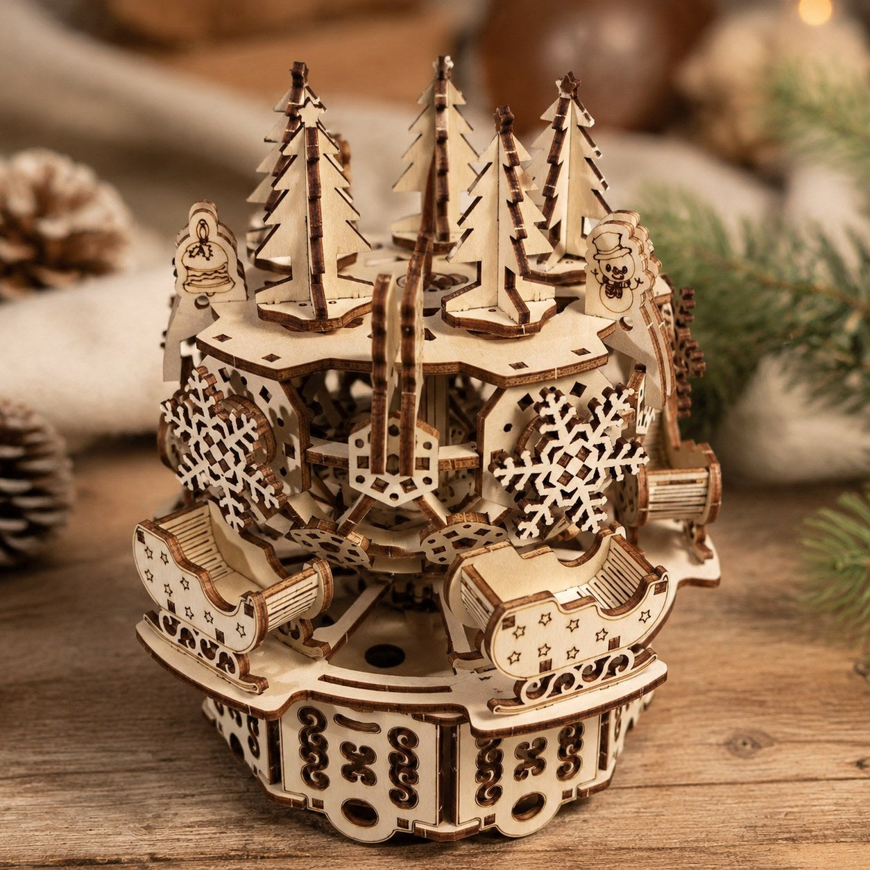 Close up of laser-cut snowflakes and gears on the wooden puzzle
